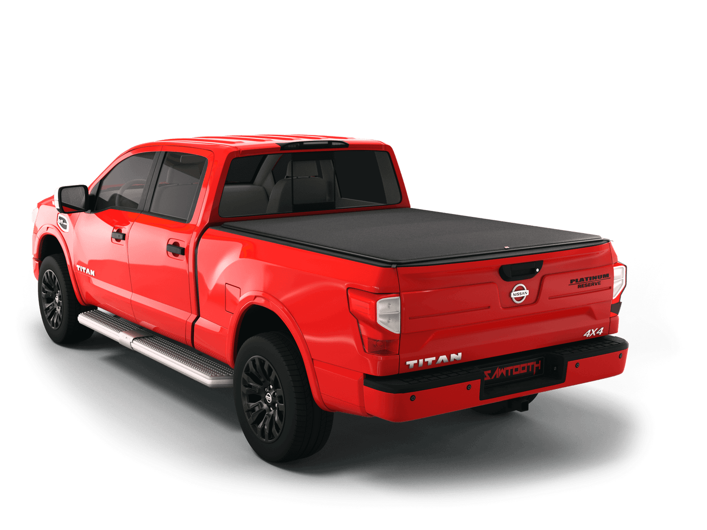 Red Nissan Titan with flat Sawtooth Stretch expandable tonneau cover